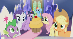 Size: 1600x864 | Tagged: safe, screencap, character:applejack, character:fluttershy, character:pinkie pie, character:rainbow dash, character:rarity, character:spike, character:twilight sparkle, character:twilight sparkle (alicorn), species:alicorn, species:dragon, species:pony, episode:the last laugh, g4, my little pony: friendship is magic, animation error, cupcake, cute, food, hoof hold, long neck, mane six, pinkie's hoof, throne, throne room, twilight's castle, winged spike