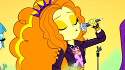 Size: 1914x1080 | Tagged: safe, screencap, character:adagio dazzle, character:aria blaze, character:sonata dusk, equestria girls:sunset's backstage pass, g4, my little pony:equestria girls, clothing, eyes closed, female, green smoke, jacket, microphone, offscreen character, singing, spiked wristband, the dazzlings, wristband