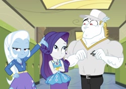 Size: 1164x827 | Tagged: safe, screencap, character:bulk biceps, character:rarity, character:trixie, episode:sock it to me, g4, my little pony:equestria girls, canterlot high, clothing, female, geode of shielding, hallway, hat, lockers, magical geodes, male, vein