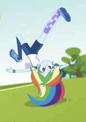 Size: 493x698 | Tagged: safe, screencap, character:rainbow dash, episode:sock it to me, g4, my little pony:equestria girls, athletic, bicycle kick, cleats, clothing, football, magic sock, sexy, shirt, shorts, sock it to me: trixie, solo, sports, sports shorts, t-shirt, tomboy, trixie's magic sock