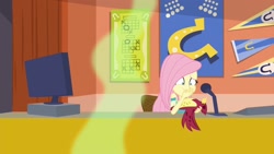 Size: 2048x1151 | Tagged: safe, screencap, character:fluttershy, species:bird, episode:sock it to me, g4, my little pony:equestria girls, computer, foot odor, geode of fauna, magical geodes, microphone, monitor, nauseous, passed out, smelly, smelly sock, sock it to me: bulk biceps