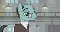 Size: 1366x740 | Tagged: safe, screencap, character:sans smirk, species:pony, episode:the last laugh, g4, my little pony: friendship is magic, balcony, factory, gag factory, lights, solo, window
