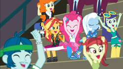 Size: 1916x1080 | Tagged: safe, screencap, character:blueberry cake, character:captain planet, character:pinkie pie, character:sunset shimmer, character:trixie, episode:sock it to me, g4, my little pony:equestria girls, armpits, background human, bleachers, blueberry cake, boots, cheering, clothing, crossed arms, crystal prep academy uniform, cute, diapinkes, ear piercing, earring, eyes closed, female, geode of empathy, geode of sugar bombs, golden hazel, happy, jewelry, magical geodes, male, marco dafoy, offscreen character, piercing, rose heart, school uniform, shoes, smiling, smug, sock it to me: trixie, track starr