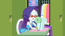 Size: 1914x1080 | Tagged: safe, screencap, character:rarity, episode:sock it to me, g4, my little pony:equestria girls, canterlot high, clothes rack, female, geode of shielding, hallway, lockers, magical geodes, rarity's glasses, sewing, sewing machine, sock it to me: rarity
