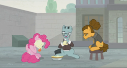 Size: 1366x740 | Tagged: safe, screencap, character:cheese sandwich, character:pinkie pie, character:sans smirk, episode:the last laugh, g4, my little pony: friendship is magic, alternate hairstyle, clothing, depressed, dumpster, factory, food, gag factory, glasses, hair bun, notepad, pencil, pie, pie in the face, sad, sitting, stool, suit, taking notes, tongue out, walls, writing
