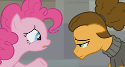 Size: 1366x738 | Tagged: safe, screencap, character:cheese sandwich, character:pinkie pie, species:pony, episode:the last laugh, g4, my little pony: friendship is magic, alternate hairstyle, depressed, hair bun, sad