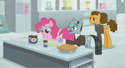 Size: 1366x740 | Tagged: safe, screencap, character:cheese sandwich, character:pinkie pie, character:sans smirk, episode:the last laugh, g4, my little pony: friendship is magic, alternate hairstyle, clothing, cute, diapinkes, factory, food, gag factory, glasses, hair bun, laboratory, peanut brittle, pie, sad, science lab, shelf, suit