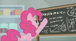 Size: 1366x740 | Tagged: safe, screencap, character:pinkie pie, species:pony, episode:the last laugh, g4, my little pony: friendship is magic, chalkboard, factory, fancy mathematics, gag factory, laboratory, math, solo, written equestrian
