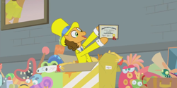 Size: 1366x684 | Tagged: safe, screencap, character:cheese sandwich, species:pony, episode:the last laugh, g4, my little pony: friendship is magic, box, clothing, degree, diploma, factory, gag factory, hat, rubber chicken, solo, suit, top hat, toy, tuxedo, written equestrian