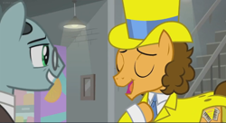 Size: 1366x742 | Tagged: safe, screencap, character:cheese sandwich, character:sans smirk, species:pony, episode:the last laugh, g4, my little pony: friendship is magic, clothing, factory, gag factory, glasses, hat, lights, suit, top hat, tuxedo