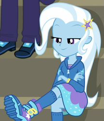 Size: 819x952 | Tagged: safe, screencap, character:trixie, episode:sock it to me, g4, my little pony:equestria girls, boots, clothing, cropped, cute, diatrixes, female, hoodie, legs, marco dafoy, offscreen character, shoes, sitting, skirt, smug, sock it to me: trixie, socks