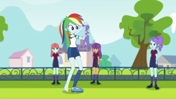 Size: 1280x720 | Tagged: safe, screencap, character:crystal lullaby, character:ginger owlseye, character:melon mint, character:rainbow dash, episode:sock it to me, g4, my little pony:equestria girls, barefoot, clothing, feet, football, shorts, soccer field, sock it to me: trixie, sports