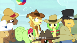 Size: 1280x722 | Tagged: safe, screencap, character:apple bumpkin, character:apple fritter, character:blues, character:braeburn, character:caramel, character:cherry cola, character:meadow song, character:noteworthy, species:pony, episode:appleoosa's most wanted, g4, my little pony: friendship is magic, apple family member, beach ball