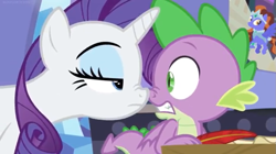 Size: 935x523 | Tagged: safe, screencap, character:rarity, character:spike, species:dragon, species:pony, species:unicorn, episode:dragon dropped, g4, my little pony: friendship is magic, boop, duo, eyeshadow, female, lidded eyes, makeup, mare, quill, quill pen, rarity is not amused, shrunken pupils, slit eyes, suspicious, unamused, winged spike