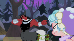 Size: 1920x1080 | Tagged: safe, screencap, character:cozy glow, character:lord tirek, species:centaur, species:pegasus, species:pony, episode:frenemies, g4, my little pony: friendship is magic, bare tree, clothing, cozy glow is not amused, female, filly, foal, forest, hat, male, nose piercing, nose ring, piercing, pine tree, pointing, tree, winter outfit