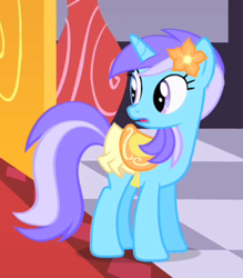 Size: 259x296 | Tagged: safe, screencap, character:diamond mint, species:pony, species:unicorn, episode:the best night ever, g4, my little pony: friendship is magic, background pony, cropped, female, flower, flower in hair, looking back, mare, saddle, solo, tack