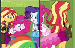 Size: 1663x1073 | Tagged: safe, screencap, character:pinkie pie, character:rainbow dash, character:rarity, character:sunset shimmer, episode:sock it to me, g4, my little pony:equestria girls, comparison, flexible, geode of empathy, geode of shielding, geode of sugar bombs, magical geodes, pinkie being pinkie, pinkie physics