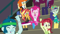 Size: 1920x1080 | Tagged: safe, screencap, character:blueberry cake, character:captain planet, character:pinkie pie, character:sunset shimmer, episode:sock it to me, g4, my little pony:equestria girls, armpits, background human, bleachers, blueberry cake, cheering, clothes peg on nose, clothespin, clothing, crystal prep academy uniform, cute, diapinkes, golden hazel, holding nose, marco dafoy, plugged nose, rose heart, school uniform, smelly, sock it to me: bulk biceps, tag implication bug was here, track starr