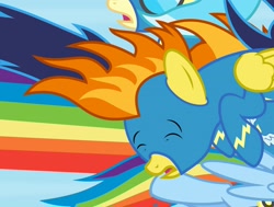 Size: 2048x1546 | Tagged: safe, screencap, character:spitfire, species:pony, episode:sonic rainboom, g4, my little pony: friendship is magic, clothing, cropped, eyes closed, knocked out, meme, reaction image, uniform, wonderbolts, wonderbolts uniform, wuuh