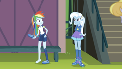 Size: 1302x739 | Tagged: safe, screencap, character:cloudy kicks, character:rainbow dash, character:trixie, episode:sock it to me, g4, my little pony:equestria girls, barefoot, boots, clothing, cloudy kicks, cute, dashabetes, diatrixes, feet, female, hat, legs, offscreen character, shoes, sock it to me: trixie