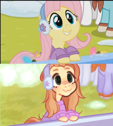 Size: 1024x1148 | Tagged: safe, artist:ibedoge, screencap, character:fluttershy, species:pegasus, species:pony, episode:best gift ever, g4, my little pony: friendship is magic, bust, clothing, earmuffs, female, looking up, mare, outdoors, scene interpretation, smiling, snow, solo, sweater, sweatershy, three quarter view, winter outfit