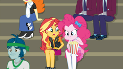 Size: 1916x1080 | Tagged: safe, screencap, character:captain planet, character:pinkie pie, character:sunset shimmer, episode:sock it to me, g4, my little pony:equestria girls, background human, bleachers, clothing, crystal prep academy uniform, eating, female, food, geode of empathy, geode of sugar bombs, golden hazel, legs, magical geodes, male, marco dafoy, pantyhose, popcorn, school uniform, sock it to me: rarity, track starr
