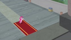 Size: 1920x1080 | Tagged: safe, screencap, character:pinkie pie, species:pony, episode:the last laugh, g4, my little pony: friendship is magic, bipedal, carpet, factory, gag factory, red carpet, solo