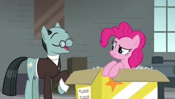 Size: 1920x1080 | Tagged: safe, screencap, character:pinkie pie, character:sans smirk, species:pony, episode:the last laugh, g4, my little pony: friendship is magic, box, factory, gag factory