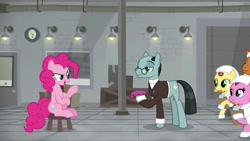 Size: 1920x1080 | Tagged: safe, screencap, character:pinkie pie, character:sans smirk, species:earth pony, species:pony, episode:the last laugh, g4, my little pony: friendship is magic, background pony, clipboard, clothing, cute, female, hairnet, lavender flask, lemon honey, lidded eyes, male, mare, open mouth, pencil, pencil in mouth, raised eyebrow, raised hoof, sitting, stallion, talking, unnamed pony, whoopee cushion