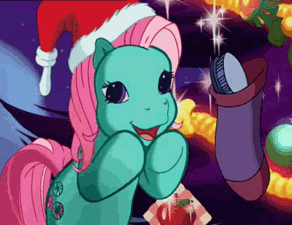 Size: 416x320 | Tagged: safe, screencap, character:minty, species:earth pony, species:pony, episode:a very minty christmas, g3, animated, bipedal, blinking, christmas, christmas stocking, clothing, cute, g3betes, gif, hairbrush, happy, hat, holiday, mintabetes, open mouth, santa hat, solo, weapons-grade cute