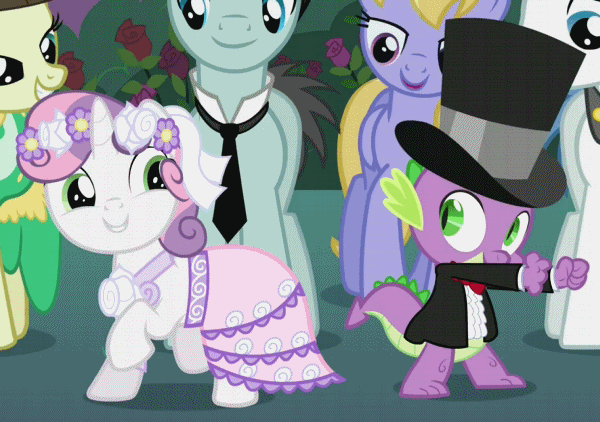 Size: 600x422 | Tagged: safe, screencap, character:bruce mane, character:cloud kicker, character:fine line, character:orion, character:spike, character:sweetie belle, species:dragon, species:earth pony, species:pegasus, species:pony, species:unicorn, episode:a canterlot wedding, g4, my little pony: friendship is magic, animated, clothing, cropped, cute, dancing, duo focus, female, filly, flower girl, gif, hat, male, mare, running man, shuffle, stallion, top hat