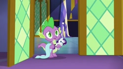Size: 1280x720 | Tagged: safe, screencap, character:rarity, character:spike, species:dragon, episode:castle sweet castle, g4, my little pony: friendship is magic, blanket, claws, crush plush, cute, doll, male, plushie, rarity plushie, solo, spikabetes, tail, toy