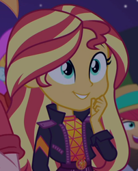 Size: 676x837 | Tagged: safe, screencap, character:big mcintosh, character:sunset shimmer, episode:the last drop, g4, my little pony:equestria girls, cropped, cute, fry lilac, geode of empathy, hunter hedge, magical geodes, offscreen character, shimmerbetes, smiling, the last drop: fluttershy
