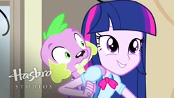 Size: 1280x720 | Tagged: safe, artist:hasbro, screencap, character:spike, character:twilight sparkle, species:dog, equestria girls:equestria girls, g4, my little pony:equestria girls, bow tie, clothing, confused, female, fist, happy, hasbro logo, hasbro studios, male, spike the dog, thumbnail, youtube thumbnail