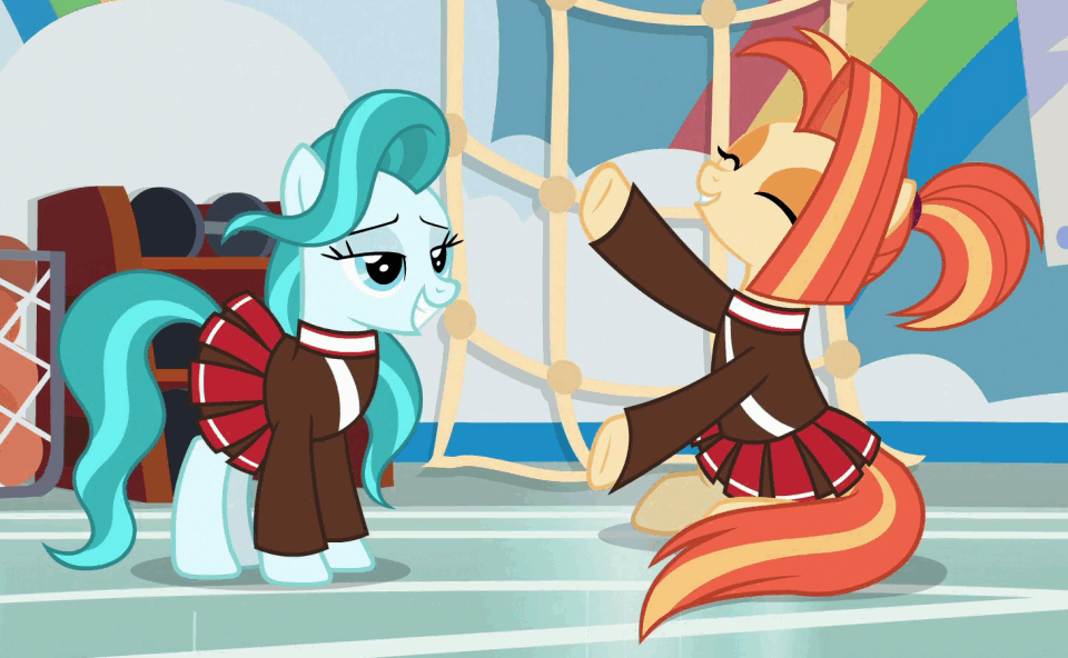 Size: 960x592 | Tagged: safe, screencap, character:lighthoof, character:shimmy shake, species:earth pony, species:pony, episode:2-4-6 greaaat, animated, cheerleader, clothing, cropped, cute, eyes closed, female, gif, lightorable, mare, nuzzling, pleated skirt, ponytail, school of friendship, shakeabetes, skirt, sweater