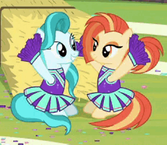 Size: 345x300 | Tagged: safe, screencap, character:lighthoof, character:shimmy shake, species:pony, episode:2-4-6 greaaat, animated, cheerleader, cropped, gif, hay bale, hug, laughing, lightorable, looking at each other, pom pom, shakeabetes