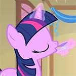 Size: 150x150 | Tagged: safe, screencap, character:twilight sparkle, character:twilight sparkle (unicorn), species:pony, species:unicorn, episode:a bird in the hoof, g4, my little pony: friendship is magic, animated, gif, gif for breezies, picture for breezies, solo, spit take