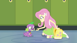 Size: 1920x1080 | Tagged: safe, screencap, character:fluttershy, character:spike, species:dog, equestria girls:equestria girls, g4, my little pony:equestria girls, backpack, boots, clothing, dog treat, female, lockers, male, paws, shoes, sleeveless, smiling, spike the dog, spike's dog collar, tail, tank top