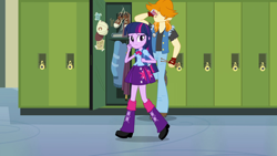 Size: 1920x1080 | Tagged: safe, screencap, character:twilight sparkle, character:twilight sparkle (alicorn), species:alicorn, species:dog, species:pony, equestria girls:equestria girls, g4, my little pony:equestria girls, background human, backpack, clothing, drink, female, leg warmers, lockers, male, pants, pleated skirt, shoes, skirt, valhallen, walking
