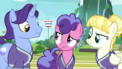Size: 1920x1080 | Tagged: safe, screencap, character:berry blend, character:berry bliss, character:november rain, character:summer breeze, species:earth pony, species:pegasus, species:pony, species:unicorn, episode:2-4-6 greaaat, basket, buckball, buckball uniform, buckbasket, bushel basket, clothing, eye contact, female, friendship student, jersey, looking at each other, male, mare, shirt, stallion