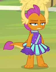 Size: 339x432 | Tagged: safe, screencap, character:smolder, species:dragon, episode:2-4-6 greaaat, annoyed, cheerleader, cheerleader outfit, cheerleader smolder, clothing, cute, dragoness, female, horns, pom pom, skirt, smolder is not amused, smolderbetes, solo, teenaged dragon, teenager, unamused