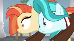 Size: 1920x1080 | Tagged: safe, screencap, character:lighthoof, character:shimmy shake, species:earth pony, species:pony, episode:2-4-6 greaaat, awkward, cheerleader, duo, female, interrupted, mare, out of context, shrunken pupils, stretching, wide eyes