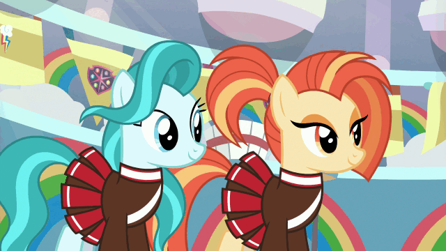 Size: 640x360 | Tagged: safe, screencap, character:lighthoof, character:shimmy shake, species:earth pony, species:pony, episode:2-4-6 greaaat, animated, clothing, cute, duo, female, gif, mare, pleated skirt, ponytail, school of friendship, skirt
