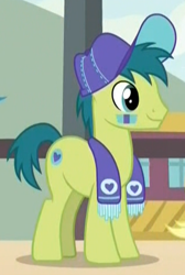 Size: 319x475 | Tagged: safe, screencap, species:earth pony, species:pony, episode:common ground, g4, my little pony: friendship is magic, background pony, baseball cap, cap, clothing, hat, male, scarf, solo, stallion, team spirit