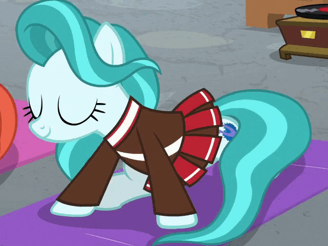 Size: 640x480 | Tagged: safe, screencap, character:lighthoof, character:shimmy shake, episode:2-4-6 greaaat, animated, animation error, clothing, cute, cutie mark, downward dog, face down ass up, gif, great moments in animation, lightorable, pleated skirt, school of friendship, skirt, skirt lift
