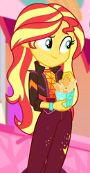Size: 436x839 | Tagged: safe, screencap, character:sunset shimmer, equestria girls:sunset's backstage pass, g4, my little pony:equestria girls, churros, cropped, cute, food, shimmerbetes, solo