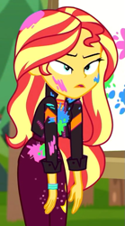 Size: 425x762 | Tagged: safe, screencap, character:sunset shimmer, equestria girls:sunset's backstage pass, g4, my little pony:equestria girls, cropped, female, messy, messy hair, paint, solo