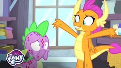 Size: 320x180 | Tagged: safe, artist:hasbro, screencap, character:smolder, character:spike, species:dragon, episode:molt down, g4, my little pony: friendship is magic, congratulations, covering mouth, dragoness, female, male, molting, my little pony logo, picture for breezies, puberty, raised arms, window