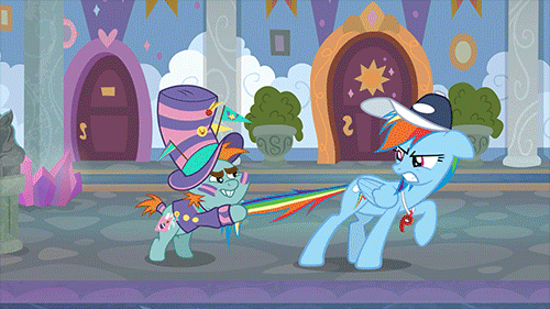 Size: 500x281 | Tagged: safe, screencap, character:rainbow dash, character:snips, species:pegasus, species:pony, species:unicorn, episode:2-4-6 greaaat, animated, gif, tail, tail pull