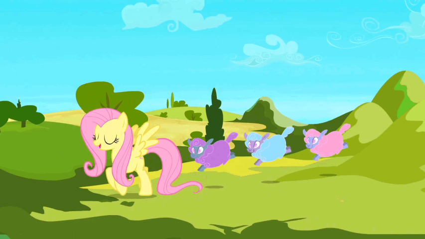 Size: 853x480 | Tagged: safe, screencap, character:fluttershy, species:pegasus, species:pony, species:sheep, episode:the crystal empire, g4, my little pony: friendship is magic, animated, bipedal, cute, female, gif, mare, shyabetes, tiny ewes